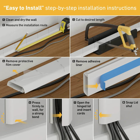 Easy installation instructions for Slick Low Profile TV Wall Mount Cord Hider, showing steps for attaching and hiding cables.