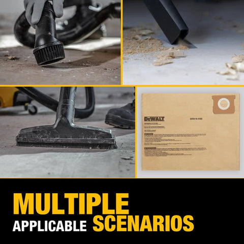 Collage showing Three Pack Dust Bags For 12 To 16 Gallon Wet Dry Vacuum Cleaner Compatible With DXV12P DXV14P DXV16P DXV16PA DXV16S in use.
