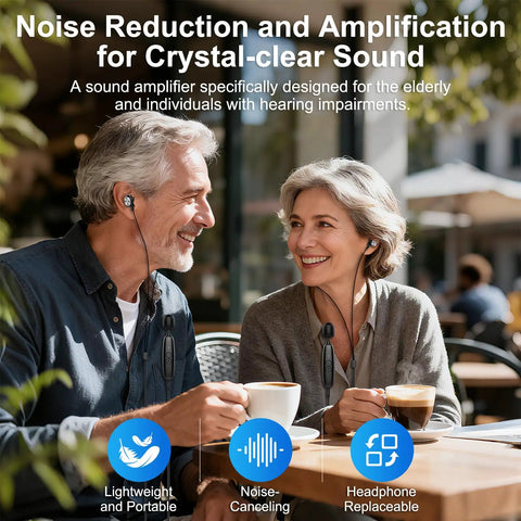Elderly couple using personal sound amplifier for seniors with 50 dB gain seven level tone control noise cancellation outdoors.