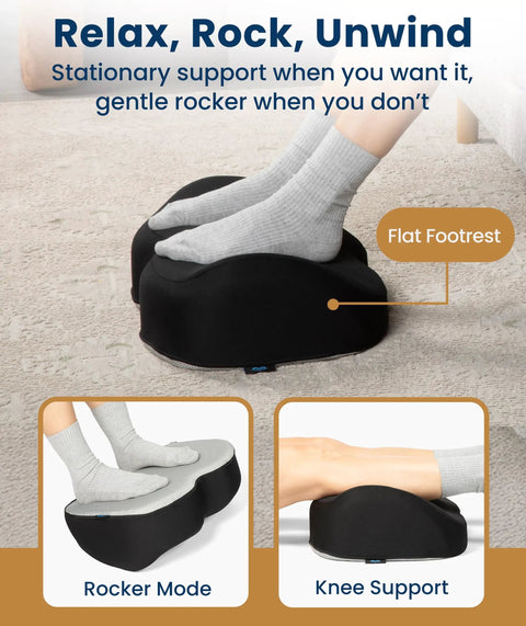 Memory Foam Under Desk Foot Rest For Home Office And Gaming, Ergonomic Foot Stool Elevates Feet, Improves Posture And Circulation, Washable Cover, Anti Slip Design, Desk Accessory For Long Work Sessions shown in use