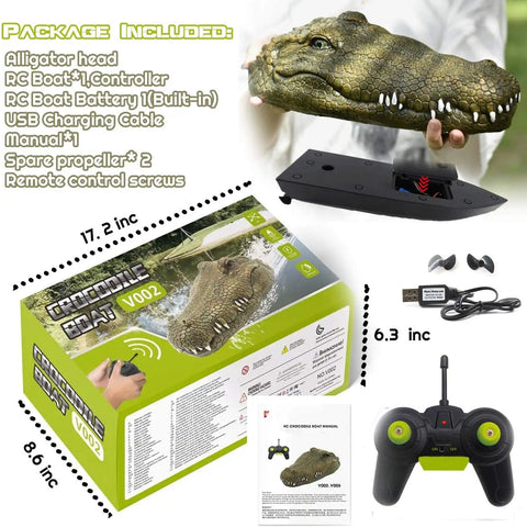 Package contents of 2.4 GHz Remote Control Alligator Head Boat With Realistic Resin Build, showing accessories and packaging.