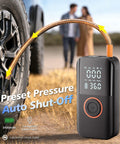 Cordless Car Tire Pump With 150 PSI, Dual Power 12V DC And 5400mAh Battery inflating a tire with digital display visible