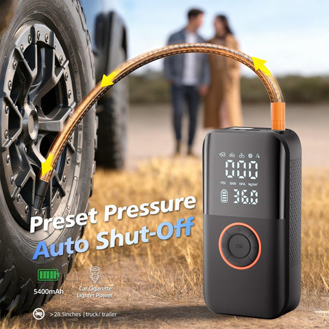 Cordless Car Tire Pump With 150 PSI, Dual Power 12V DC And 5400mAh Battery inflating a tire with digital display visible