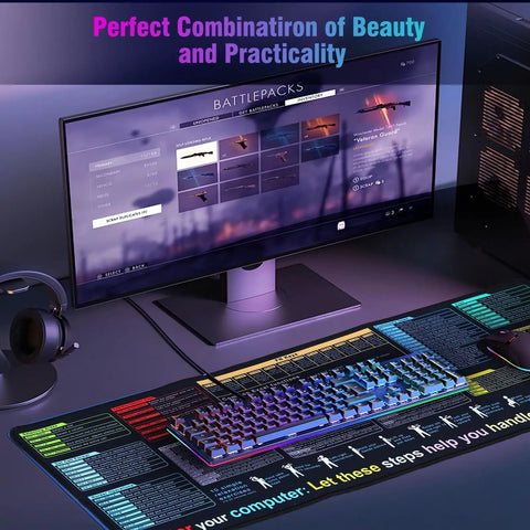 Shortcut Desk Pad With 9 Quick Formula Guides For Spreadsheets Large 11 Inches By 31 Inches Mouse Pad Waterproof Non Slip 3mm Thick Office And Gaming XL Keyboard Cover Included Cheat Sheet For Quick Calculations shown on office desk setup