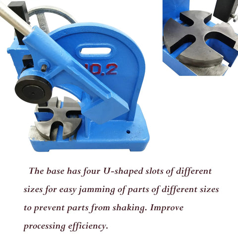 Rock Solid Two Ton Manual Arbor Press Built Tough With Cast Iron Body And Smooth Ratcheting Lever For Bench Mountable Stamping And Heavy Duty Metal Working Jobs showing four U-shaped slots for jamming parts.