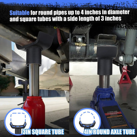 Heavy Duty 4-In-1 Hydraulic Bottle Jack Adapter With Tough As Nails Steel Lifting Saddle For 4 To 20 Tons showing fit on 3in square and 4in round tubes.