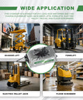 Collage showing 24V 25A Lead Acid Battery Charger for scissor lifts, forklifts, electric pallet jacks, and floor scrubbers.