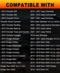 Compatibility list for Windshield Washer Reservoir Cap with Chrysler, Dodge, Jeep, Ram models shown on a dark background.