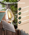 Image of 54Ft Solar String Lights Outdoor Weatherproof With USB Charging Remote Dimmable Timable for Patio, showcasing shatterproof LED bulb in rain next to solar panel.
