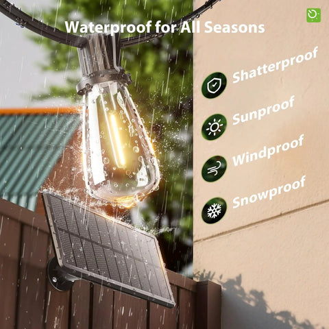 Image of 54Ft Solar String Lights Outdoor Weatherproof With USB Charging Remote Dimmable Timable for Patio, showcasing shatterproof LED bulb in rain next to solar panel.