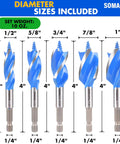 Auger Drill Bit Set For Wood, Five Piece Including One Half Inch, Five Eighths Inch, Three Quarters Inch, Seven Eighths Inch And One Inch