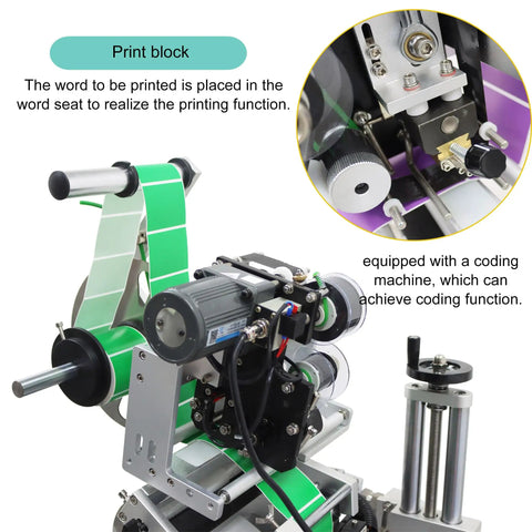 Close-up of Automatic Flat Surface Labeling Machine With Built In Printer And Desktop Conveyor System For High Speed Precision Sticker Application Dead Simple Setup 110V showing print block.