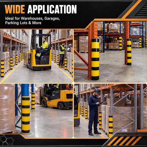 Heavy Duty Forklift Column Protectors Built Tough For Rough Warehouses, High Visibility Pvc Rack Guards Fit Eighty To One Hundred Millimeter Posts in action.