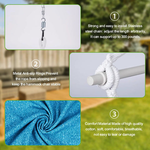 Cozy Outdoor Hanging Hammock Chair Swing With Cushions And All In One Hanging Kit showing chain, anti-slip rings, and fabric