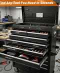 Built Tough Metal Magnetic Tool Box Labels Set for Heavy Duty Tool Chests arranged on black tool chest drawers