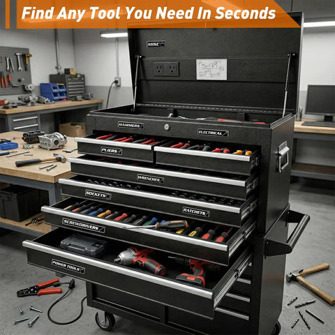 Built Tough Metal Magnetic Tool Box Labels Set for Heavy Duty Tool Chests arranged on black tool chest drawers