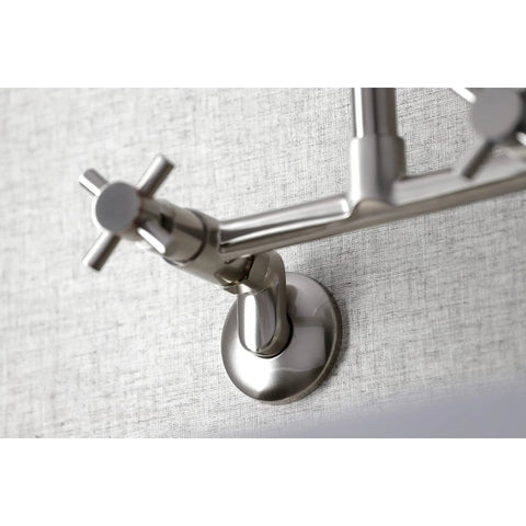 Close-up of No-Drip Two-Handle Wall Mount Kitchen Faucet in Brushed Nickel, Solid Brass, adjustable centers, 1/2" NPT inlet.