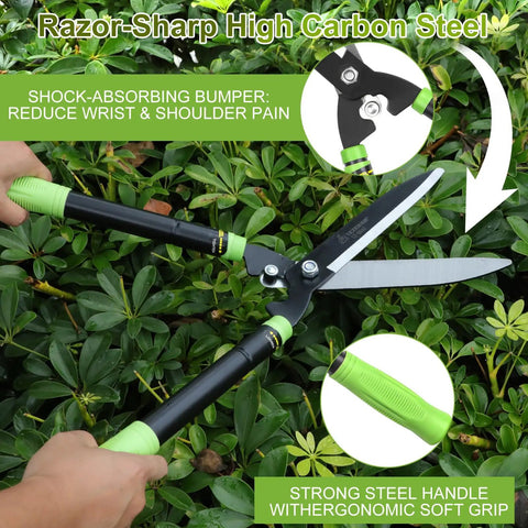 Hands using Heavy Duty Telescoping Hedge Shears 23 To 30 Inches With 20 Degree Angled Head on bush, ergonomic grip visible