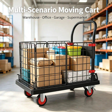 2in1 Foldable Wire Mesh Platform Cart With 400 Lb Capacity, Convertible Hand Truck To Enclosed Trolley, Heavy Duty Dolly For Warehouse Move, 72 By 48 Cm, 4 Inch Silent TPR Brake Casters, Black loaded with boxes in a warehouse