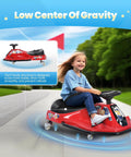 Child riding 24V Electric Drifting Go Kart For Kids 3 And Up With Glowing Wheels Two Speed Switch Anti Rollover Safety Indoor Outdoor Ride On Car Up To 175 Lbs Red outside.
