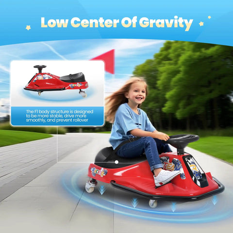Child riding 24V Electric Drifting Go Kart For Kids 3 And Up With Glowing Wheels Two Speed Switch Anti Rollover Safety Indoor Outdoor Ride On Car Up To 175 Lbs Red outside.