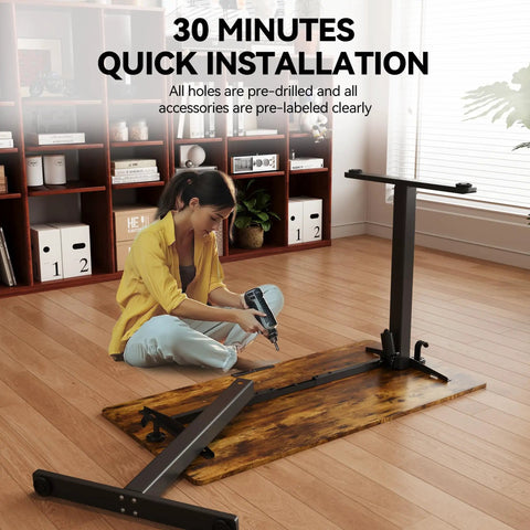 Woman assembling Electric Standing Desk 48 By 24 Inches with Adjustable Height Sit Stand Design in home office setting