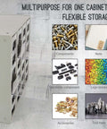 Heavy Duty 24 Drawer Metal Parts Cabinet With Clear PS Drawers Bolt And Nut Organizer For Workshop Garage Or Office Stackable Hardware Storage Cabinet No Assembly Required Galvannealed Steel Build Built To Last with open drawers showing contents like screws, notes, and tools.