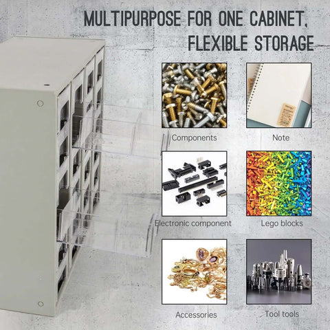 Heavy Duty 24 Drawer Metal Parts Cabinet With Clear PS Drawers Bolt And Nut Organizer For Workshop Garage Or Office Stackable Hardware Storage Cabinet No Assembly Required Galvannealed Steel Build Built To Last with open drawers showing contents like screws, notes, and tools.