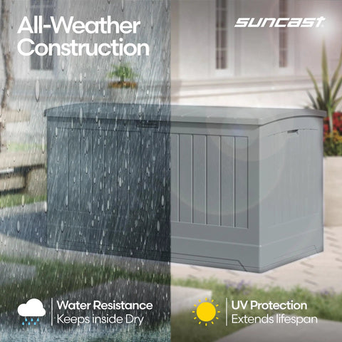 200 Gallon All Weather Patio Deck Box With Lockable Lid Extra Large Outdoor Storage Chest in rain and sun illustration