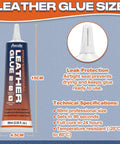 Leather Glue That Delivers A Strong Flexible Bond For Shoes Jackets Handbags Sofas Car Seats And More 60ml Waterproof Quick Dry Clear Adhesive bottle, 15cm tall, 4.5cm wide, technical specifications shown.