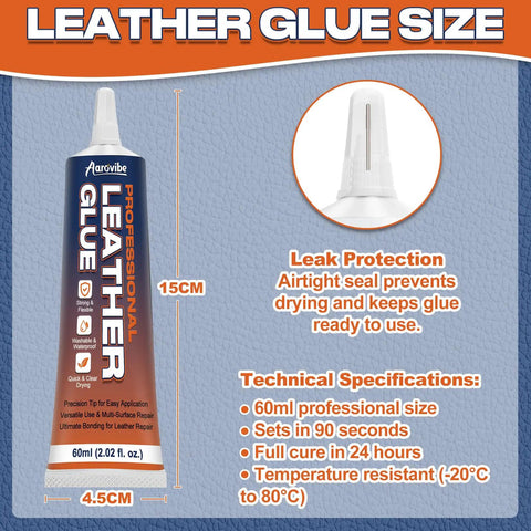 Leather Glue That Delivers A Strong Flexible Bond For Shoes Jackets Handbags Sofas Car Seats And More 60ml Waterproof Quick Dry Clear Adhesive bottle, 15cm tall, 4.5cm wide, technical specifications shown.