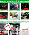 Symptoms of failing VVT solenoids with images: check engine light, rough idle, reduced power, engine noise, fuel consumption, hard starting.