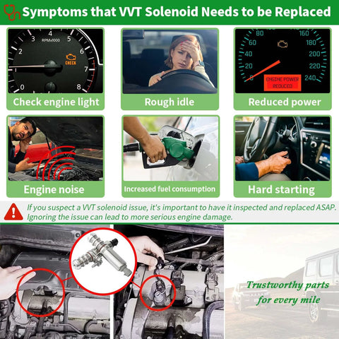 Symptoms of failing VVT solenoids with images: check engine light, rough idle, reduced power, engine noise, fuel consumption, hard starting.