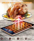 Electric Warming Tray 4 In 1 Food Warmer with turkey on glass surface, heat transfer illustration in use.