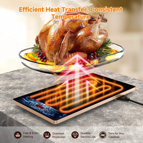 Electric Warming Tray 4 In 1 Food Warmer with turkey on glass surface, heat transfer illustration in use.