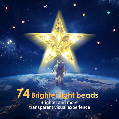 74 LED beads illuminated star against night sky with astronaut, showcasing 46 Stars Curtain Lights Battery Operated Christmas Window Lights Warm White With Timer Memory Function And 8 Modes IP65 Waterproof Indoor Window Decor For Holiday Vibes.