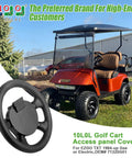 Red EZGO golf cart with 13 Inch Golf Cart Steering Wheel For EZGO TXT RXV Medalist Shuttle Workhorse Cushman Replacement For OEM.