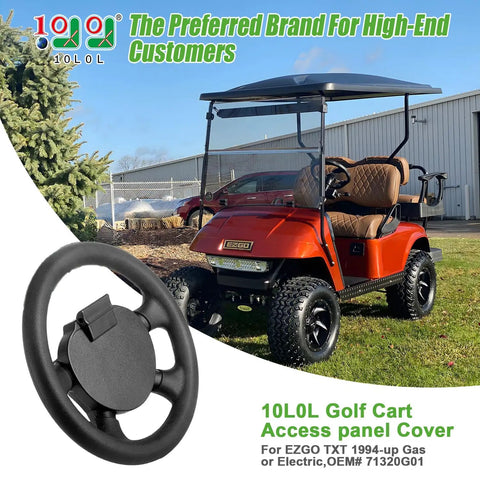 Red EZGO golf cart with 13 Inch Golf Cart Steering Wheel For EZGO TXT RXV Medalist Shuttle Workhorse Cushman Replacement For OEM.