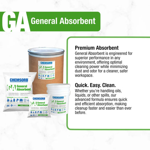 Go-To General Absorbent For Oil, Chemicals And Water Cleanup, 48 Pound Drum With Low Dust Perlite Formula displayed with packaging