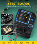 All In One LCR P1 Transistor Tester And SMD Component Analyzer with two test boards displaying capacitance and resistance readings.