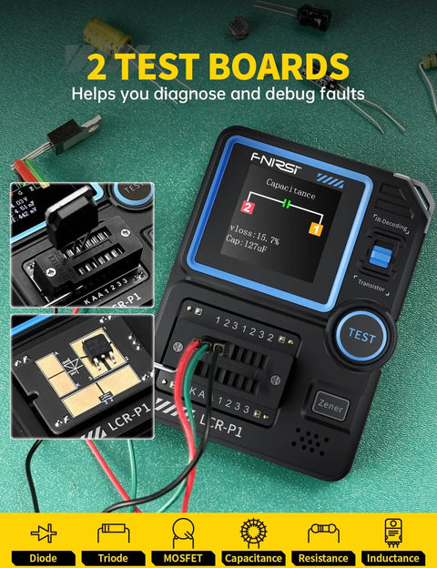 All In One LCR P1 Transistor Tester And SMD Component Analyzer with two test boards displaying capacitance and resistance readings.