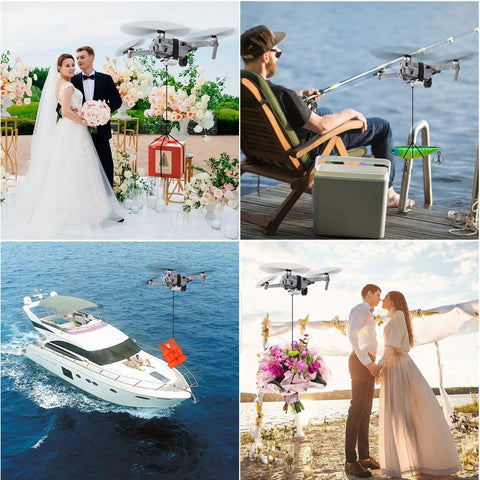 All Terrain Drone Airdrop System With Remote Release showing various payload deliveries, including wedding and fishing scenarios.
