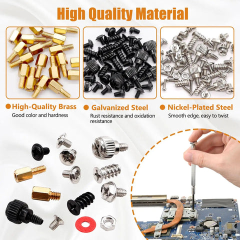 Badass 502Pcs Computer Screw Assortment Kit Featuring Rock Solid Motherboard Standoffs And Laptop Hardware For Pc Case Fan ATX Chassis SSD Optibay Drives, showing brass, galvanized, and nickel-plated screws.