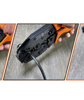 Close-up of RF Coax Ratchet Crimp Tool for RG58 RG59 RG62 RG174 and fiber optic cables with adjustable pressure and non-slip handles.