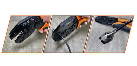 Close-up of RF Coax Ratchet Crimp Tool for RG58 RG59 RG62 RG174 and fiber optic cables with adjustable pressure and non-slip handles.