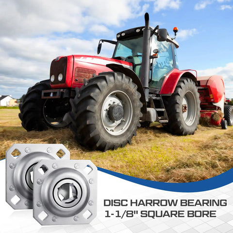 Solid 4 Piece Disc Harrow Bearing Set With 1-1/8 Inch Square Bore And 4-3/4 Inch Bolt Hole Specs Built Ridiculously Tough To Handle Real Farm Work Without Stalling So You Can Keep Your Tractor Running Like A Dream While Avoiding Repair Bills. tractor and disc harrow bearing set, 1-1/8 inch square bore