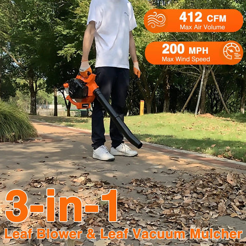Person using Beefy Gas Powered Leaf Blower 3 In 1 Vacuum Mulcher Kit on a leafy path, showing 26cc 2 Cycle Handheld Engine.