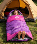 Person in purple Three Season Sleeping Bag For All Weather Kids Teens And Adults Waterproof Lightweight Indoor Outdoor Gear