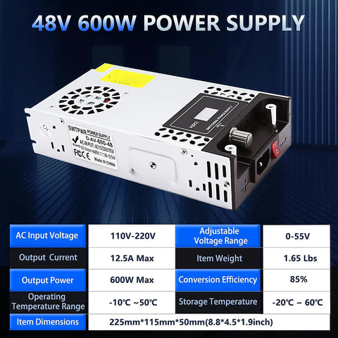 Knob Controlled Adjustable Power Supply 0 To 48V 600W With LED Display shown at an angle, labeled specs and on/off switch visible