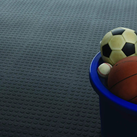 Interlocking 18x18 Inch Rubber Floor Tiles For Home Gym Garage Basement And Trade Show Flooring Raised Coin Pattern with sports balls